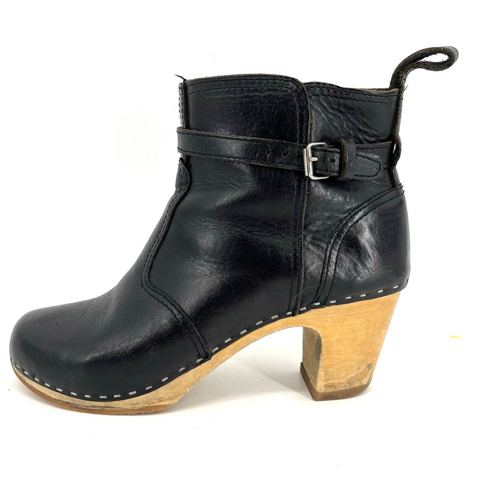 Hasbeens Swedish Black Leather Women's Wooden Heeled Ankle Boot‎ Buckle 40 - 9.5